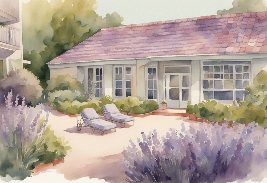 Vintage watercolor illustration of a serene hospice facility in Los Angeles with caring staff, peaceful outdoor spaces, and well-equipped patient rooms, main color theme lavender.