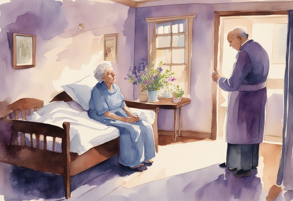 Vintage watercolor illustration of a hospice chaplain comforting an elderly patient in a peaceful, softly lit room with a lavender color theme