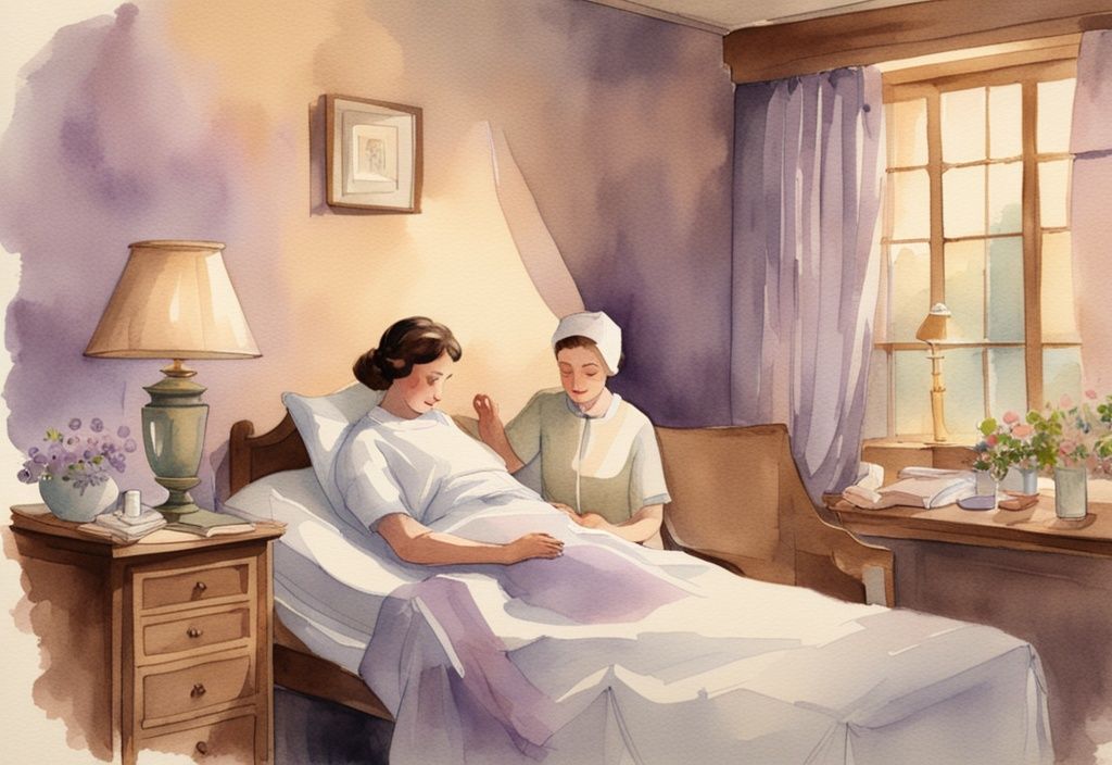 Vintage watercolor illustration of a serene hospice room with lavender tones, warm lighting, a comfortable bed, and a nurse tending to a peacefully resting patient.