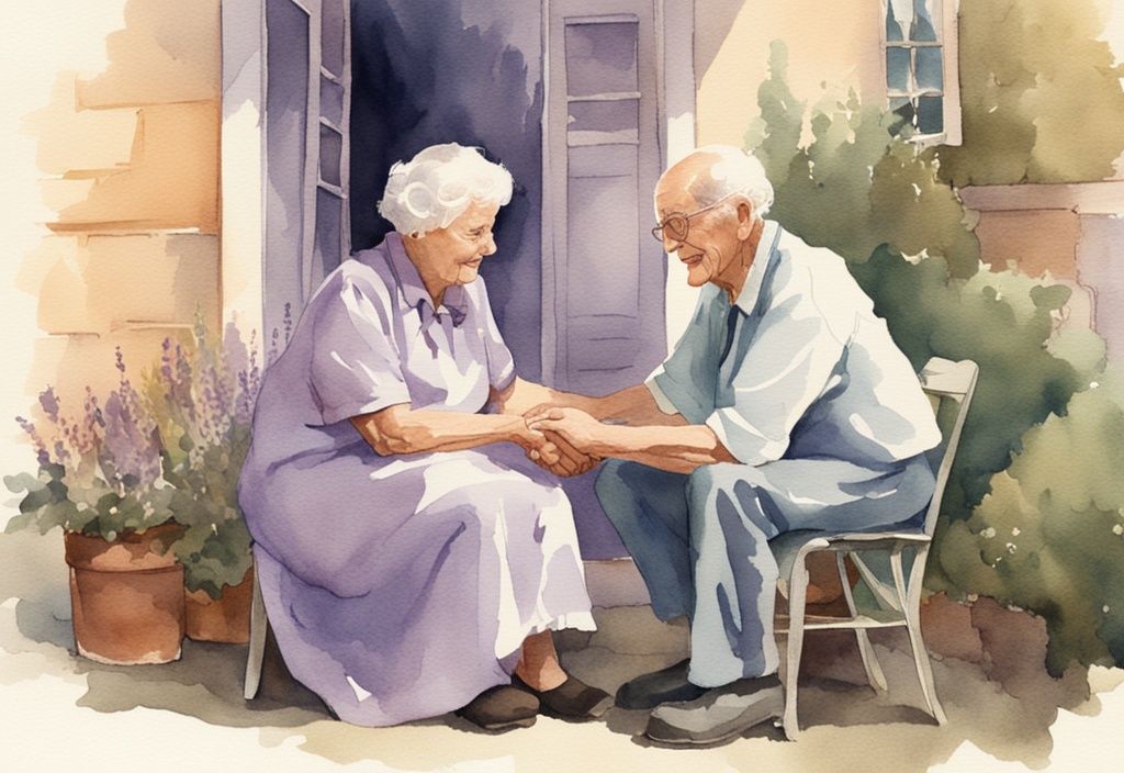 Vintage watercolor of hospice volunteer holding elderly patient's hand in lavender-themed comforting scene.