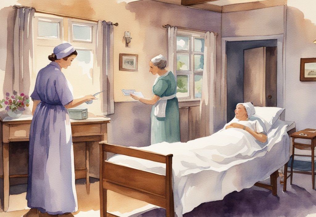 Vintage watercolor illustration of hospice evaluation with nurse consulting patient and family in serene lavender-themed environment.