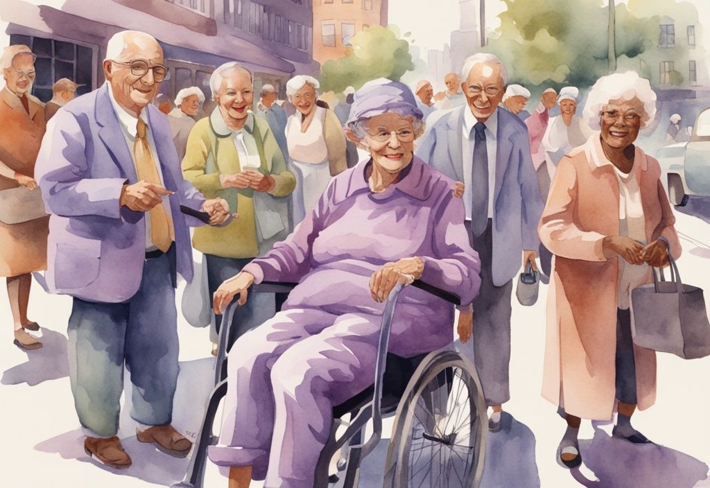 Vintage watercolor illustration of diverse elderly people engaging in activities in a modern, accessible urban setting, with a lavender color theme.