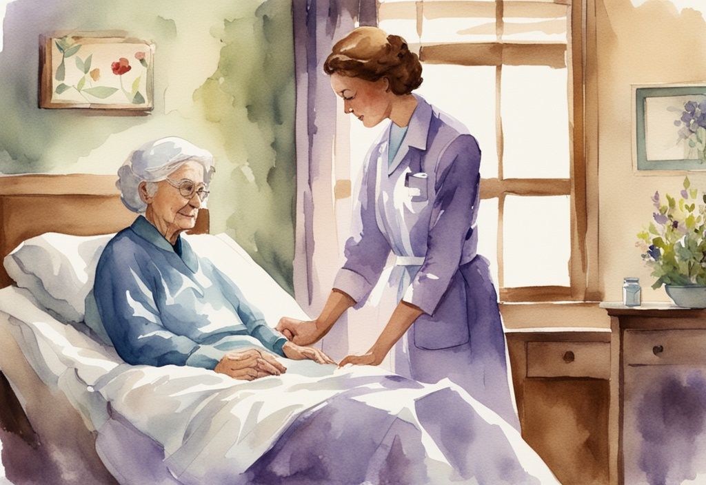 Vintage watercolor illustration of a compassionate nurse caring for a peaceful elderly patient in a serene lavender-themed hospice environment