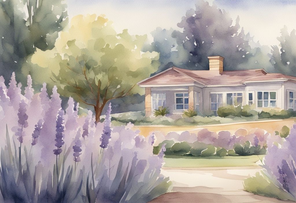 Vintage watercolor illustration of a serene hospice Sacramento environment with caring staff, peaceful rooms, and beautiful surrounding nature in lavender tones.