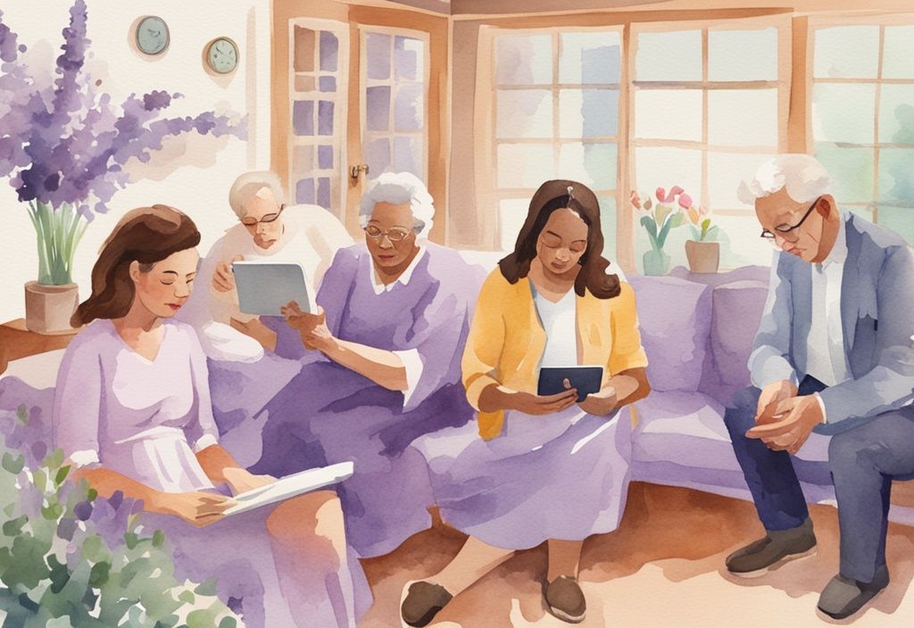 Vintage watercolor illustration of people reading Vitas Hospice reviews on digital devices with a serene lavender-themed background of the hospice facility.