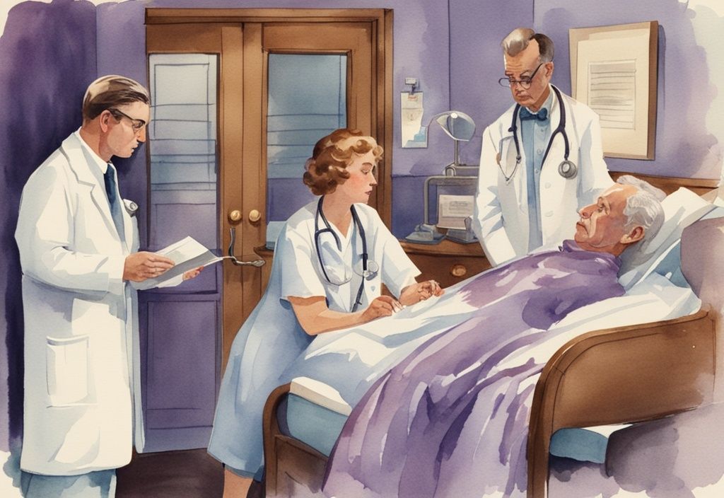 Vintage watercolor illustration of a concerned doctor discussing sepsis end of life symptoms with a family in a hospital setting, main color theme lavender.