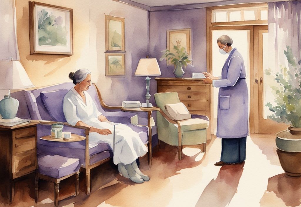 Vintage watercolor illustration of a compassionate hospice physician in a serene room, comforting a patient and their family, with a lavender color theme.