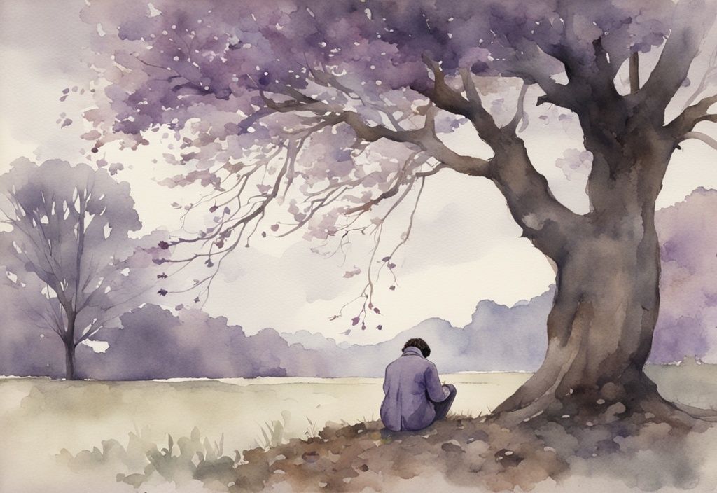 Vintage watercolor illustration of a solitary figure hunched over under a bare tree with falling leaves, against a gloomy, overcast sky; depicting the common and natural reaction to a loss that brings on strong emotions, with a lavender color theme.