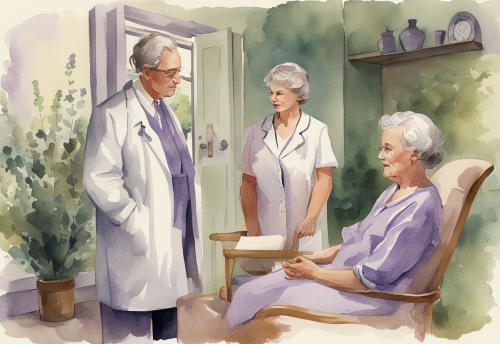 Vintage watercolor illustration of a compassionate healthcare professional discussing what qualifies for inpatient hospice care with a concerned family in a calm lavender-themed environment.