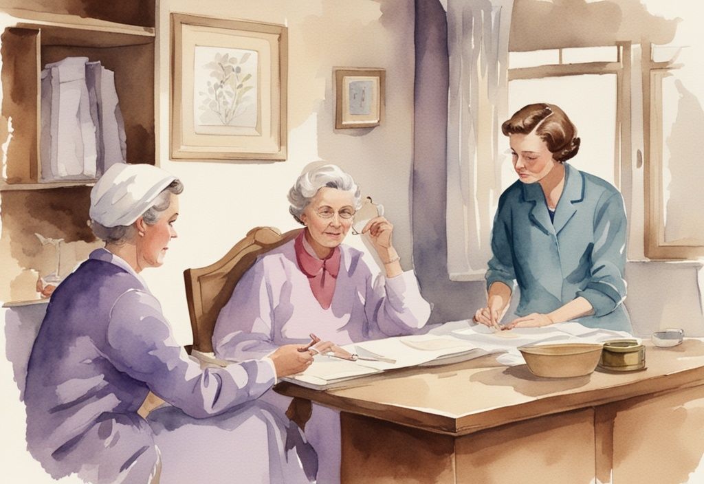 Vintage watercolor illustration of a healthcare professional discussing hospice evaluation results with a family in a peaceful lavender-themed hospice setting.