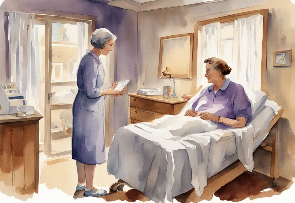 Vintage watercolor illustration of a compassionate medical social worker in a lavender-themed hospice setting, gently interacting with a patient and their family.