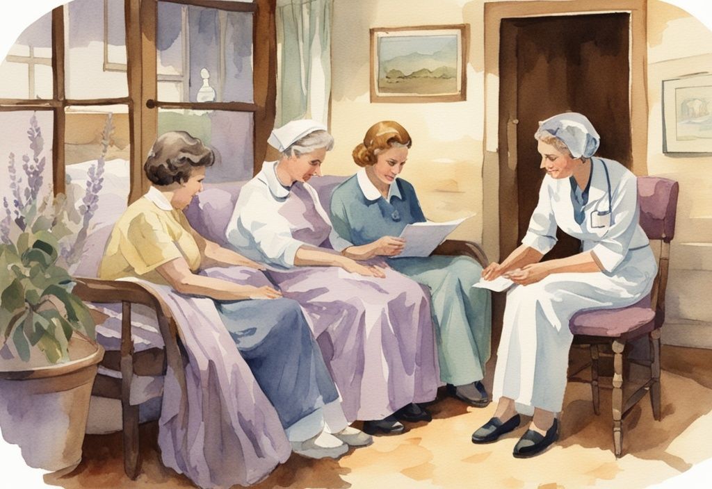 Vintage watercolor illustration of a hospice admission nurse discussing procedures with a concerned family in a homely environment, main color theme lavender.