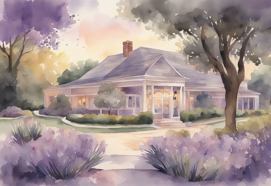 Vintage watercolor illustration of a serene Dallas hospice with lavender tones, warm lighting, caring staff, and peaceful outdoor spaces.