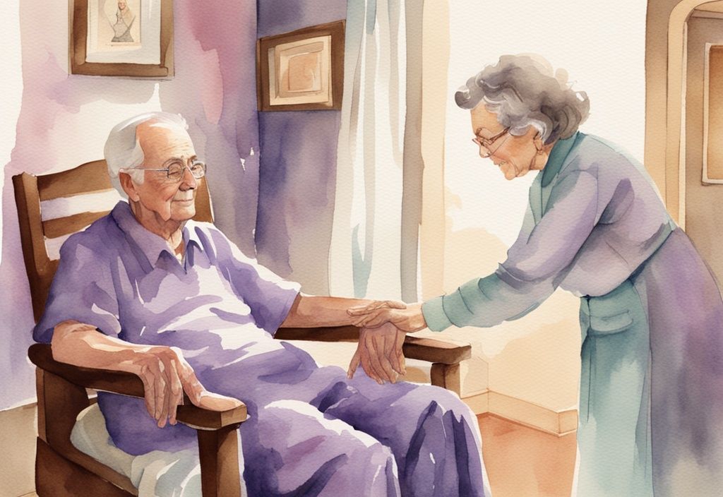 Vintage watercolor illustration of a hospice caregiver comforting an elderly patient in a lavender-themed room