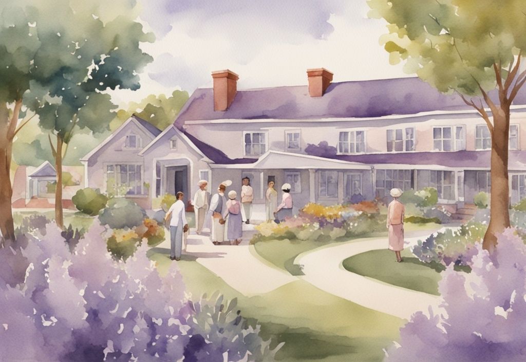 Vintage watercolor illustration of a lavender-themed community hospice with a peaceful garden and people of various ages interacting and supporting each other.