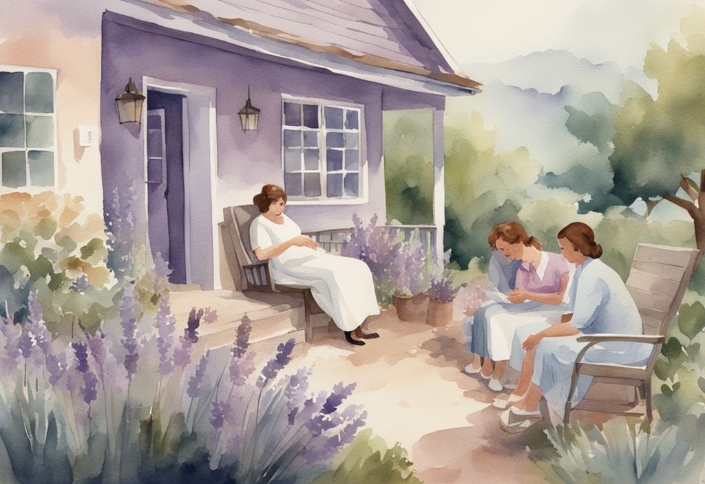 Vintage watercolor illustration of a community hospice with caring staff, patients, and families in a peaceful, home-like environment, main color theme lavender.