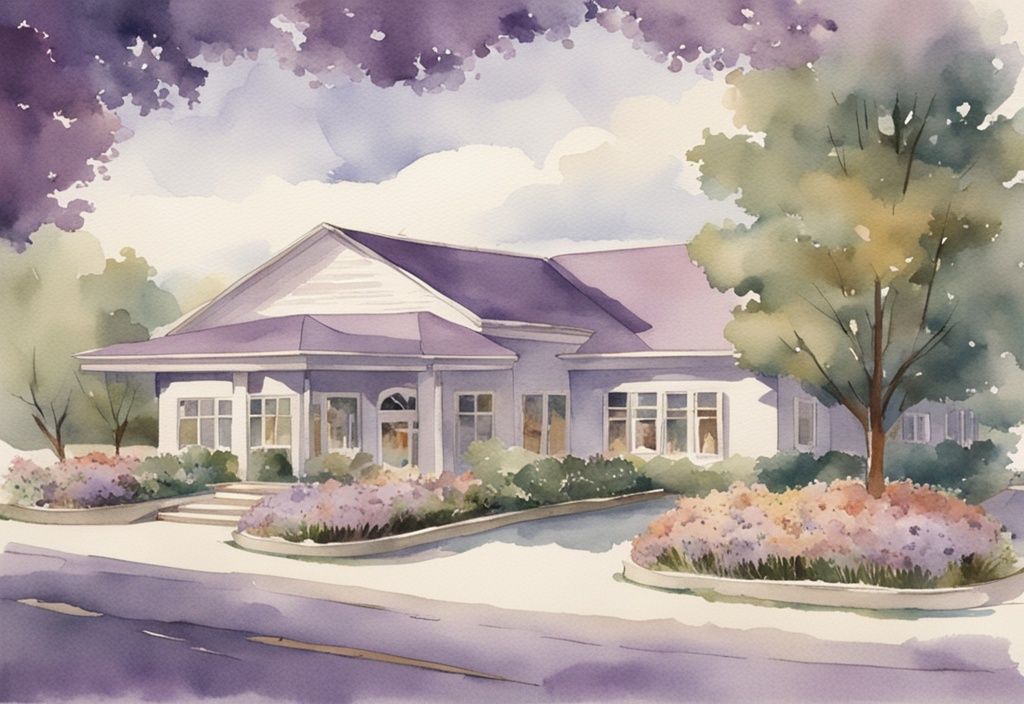 Vintage watercolor illustration of a serene lavender-themed hospice facility with compassionate staff providing care to patients.