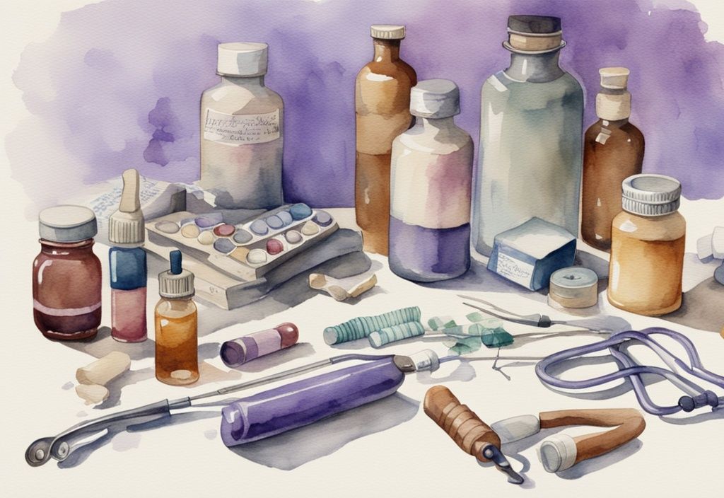 Vintage watercolor illustration of medical supplies including stethoscope, bandages, syringes, and medicine bottles on a white table with a lavender color theme.