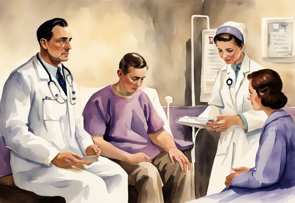 Vintage watercolor illustration of a concerned doctor discussing sepsis end of life symptoms with a family in a hospital setting, main color theme lavender.