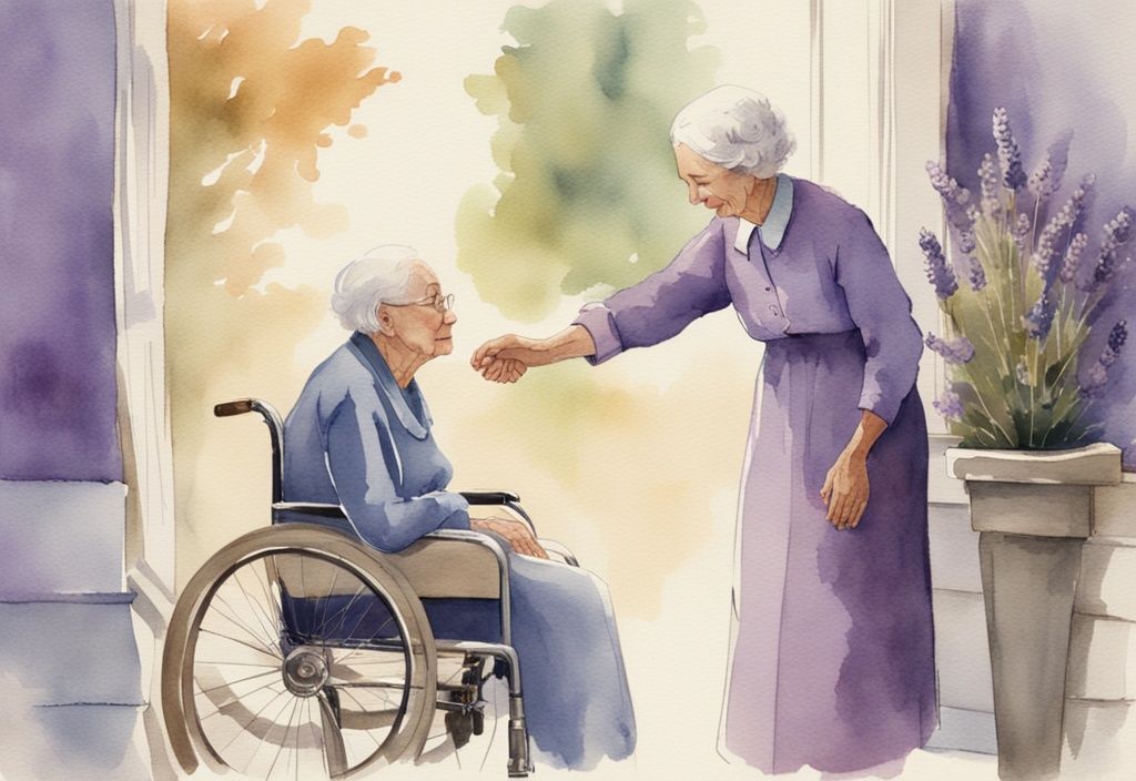 Vintage watercolor illustration of a hospice volunteer holding the hand of an elderly patient in a comforting, lavender-themed scene.