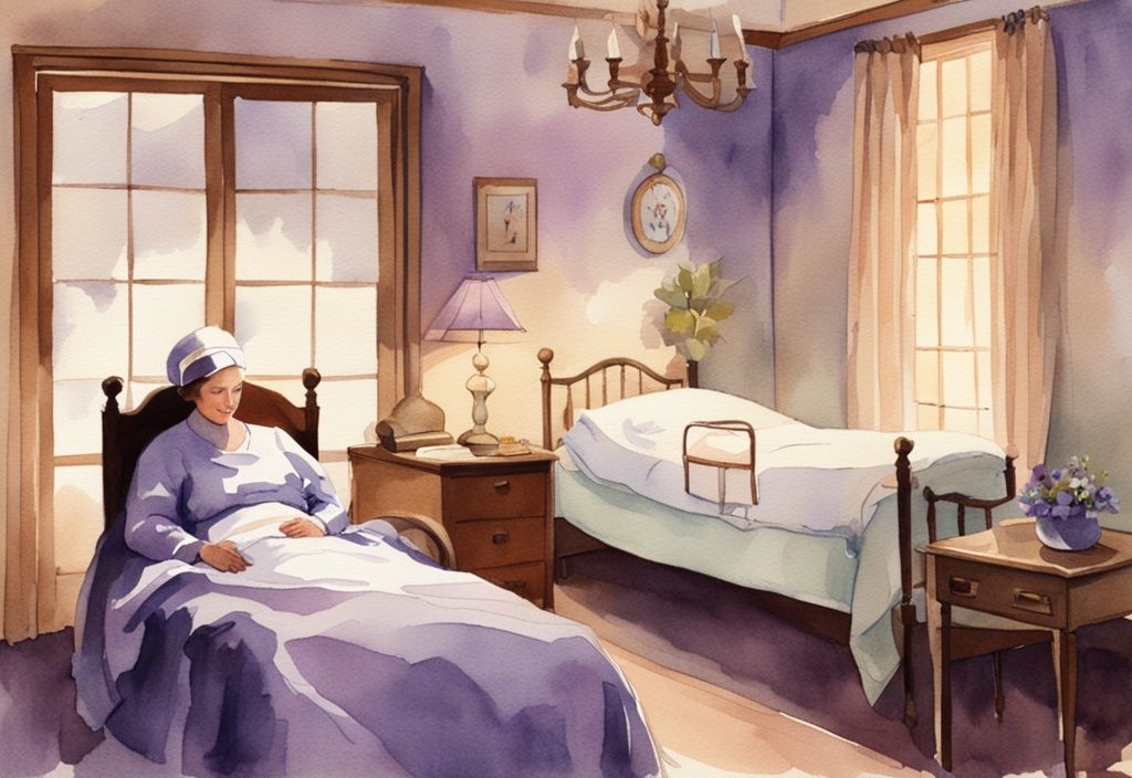 Vintage watercolor illustration of a serene hospicio room with lavender hues, featuring a nurse tending to a peaceful patient in a comfortable bed with warm lighting.