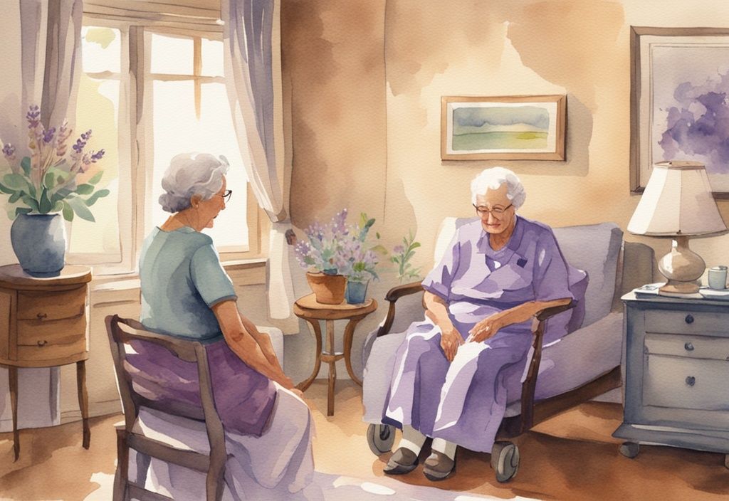 Vintage watercolor illustration of a hospice aide comforting an elderly patient in a serene, lavender-themed room.