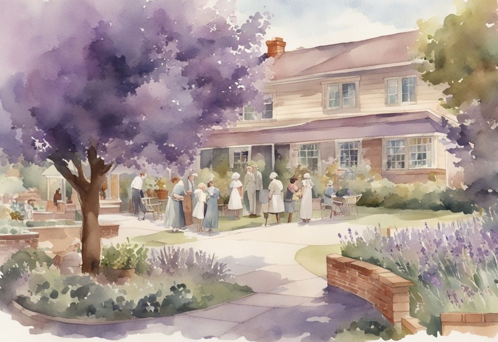 Vintage watercolor illustration of a lavender-themed community hospice facility with a peaceful garden, featuring diverse people interacting and supporting each other.