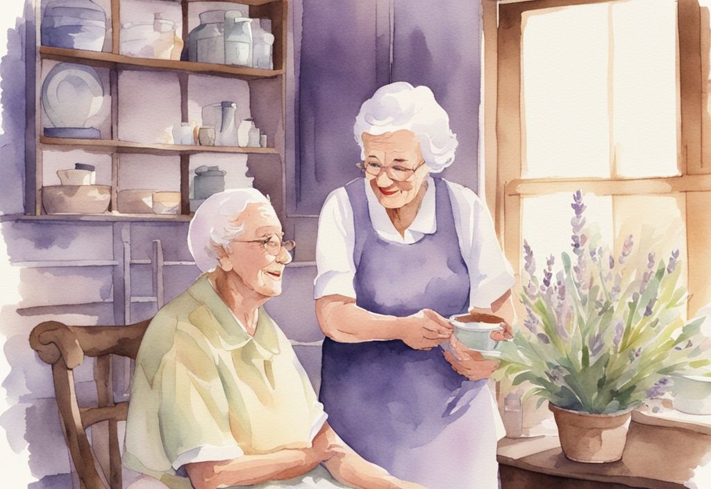 Vintage watercolor illustration of a caregiver assisting an elderly person in a warmly-lit, lavender-themed homely environment.