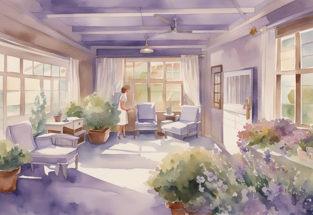 Vintage watercolor illustration of a serene lavender-themed hospice facility with compassionate staff and welcoming environment.