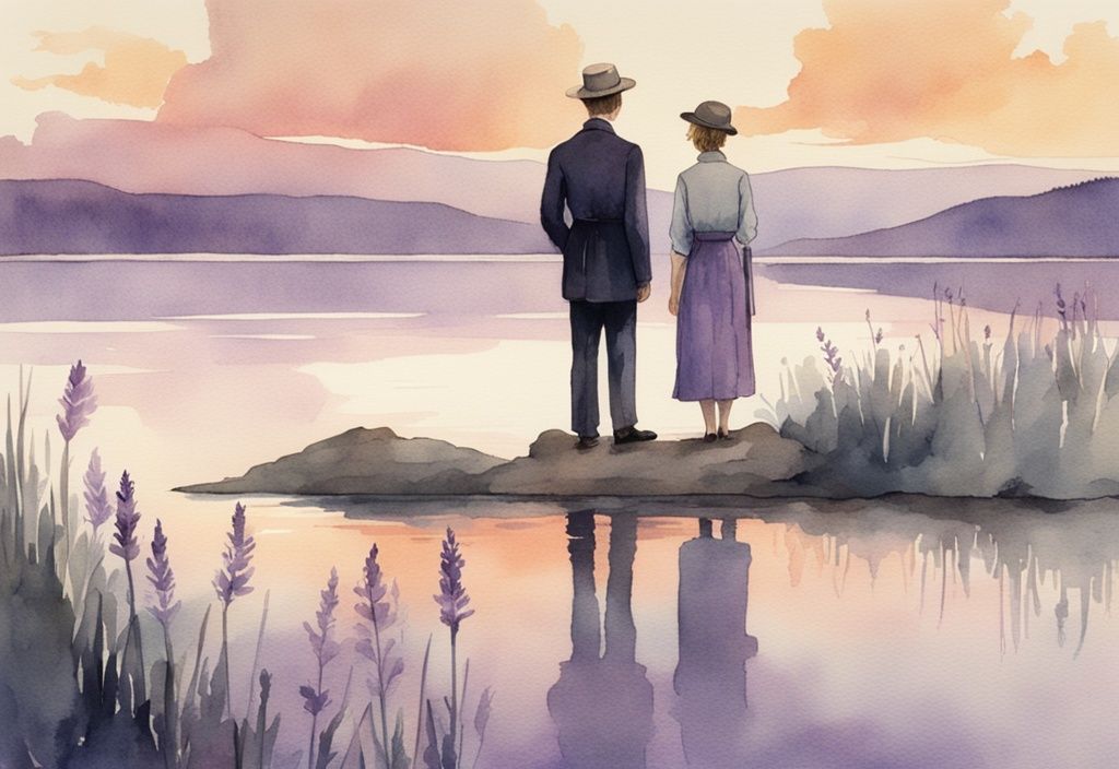 Vintage watercolor illustration of two adults at a serene lake at sunset, lavender theme, symbolizing sibling absence