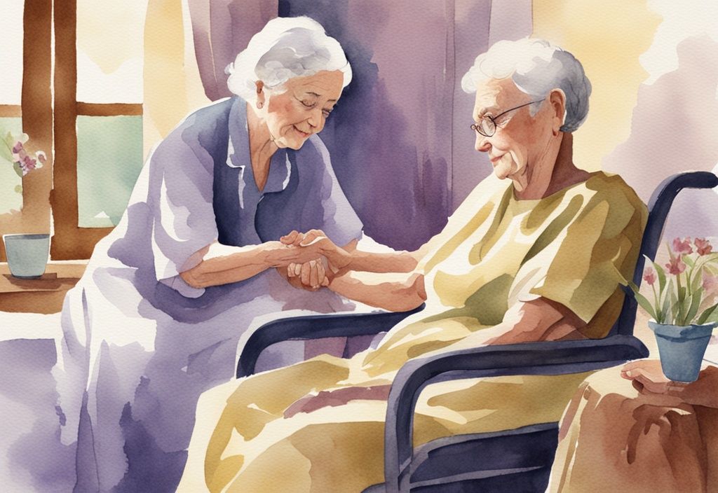 Vintage watercolor illustration of a compassionate hospice caregiver holding the hand of an elderly patient in a peaceful lavender-themed room.