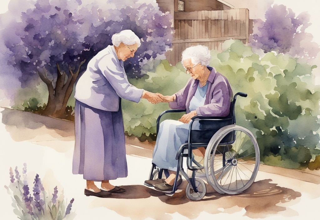 Vintage watercolor illustration of a caregiver experience, showing a compassionate caregiver assisting an elderly person with daily activities, main color theme lavender.