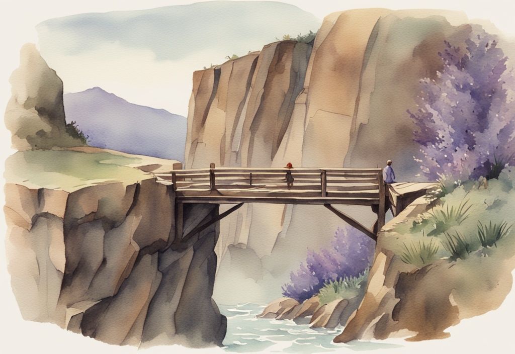 Vintage watercolor illustration of a sturdy wooden trustbridge connecting two cliffs over a deep chasm, with a lavender color theme, symbolizing trust and connection.