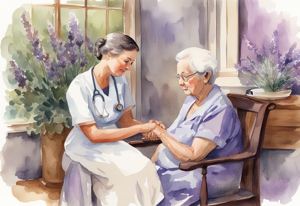 Vintage watercolor illustration of a hospice nurse comforting an elderly patient in a peaceful, homely environment with a lavender color theme.