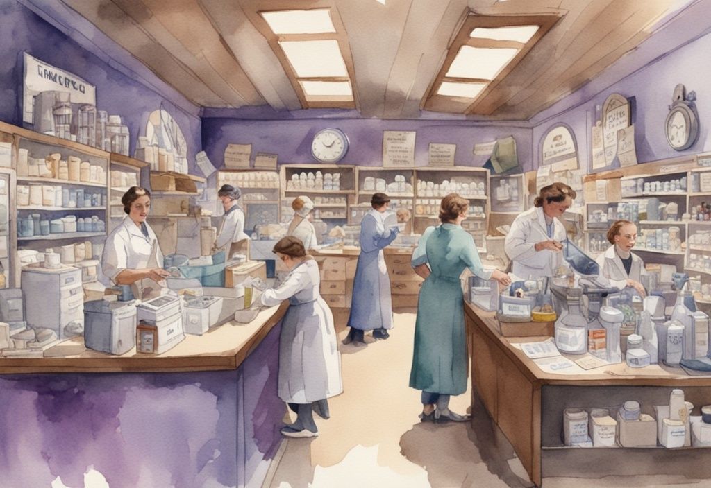 Vintage watercolor illustration of a bustling medical supply store in Sacramento with lavender tones, showing customers and staff interacting amidst various medical equipment and supplies.