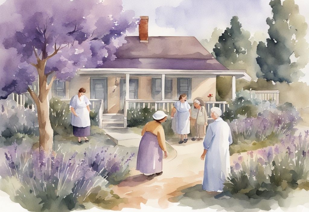 Vintage watercolor illustration of a community hospice with caring staff, patients, and families in a peaceful, home-like setting, main color theme lavender.