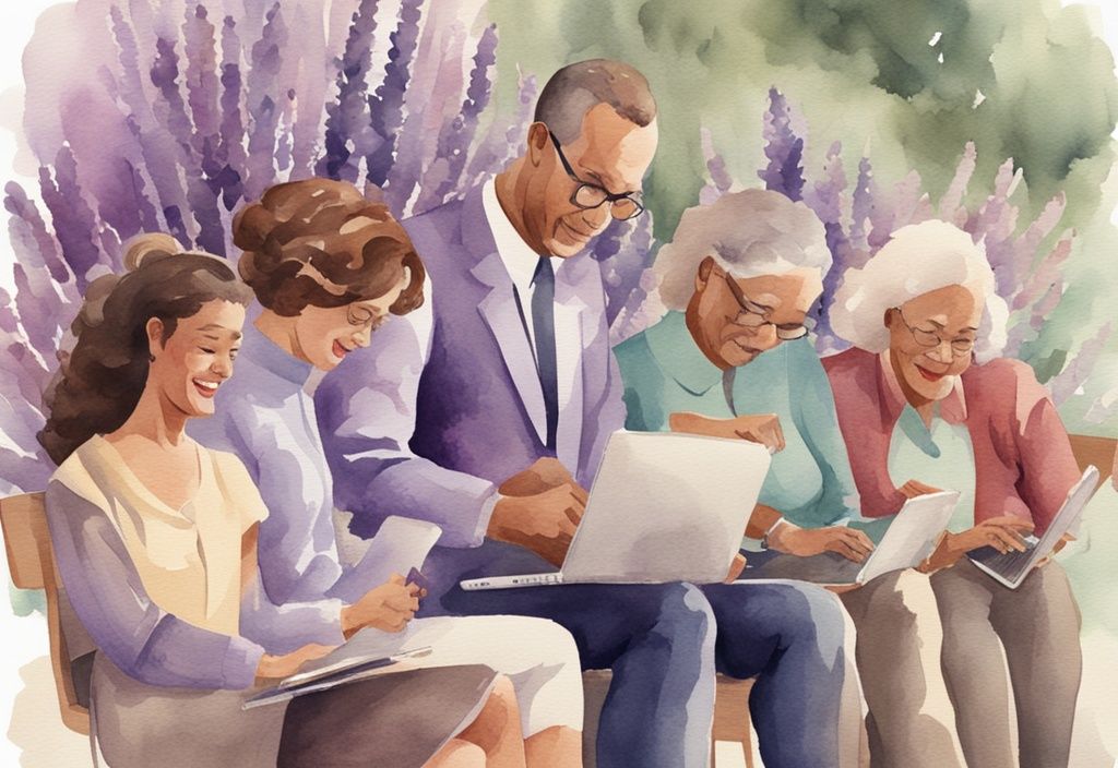 Vintage watercolor illustration of diverse people reading Vitas Hospice online reviews on digital devices, lavender theme