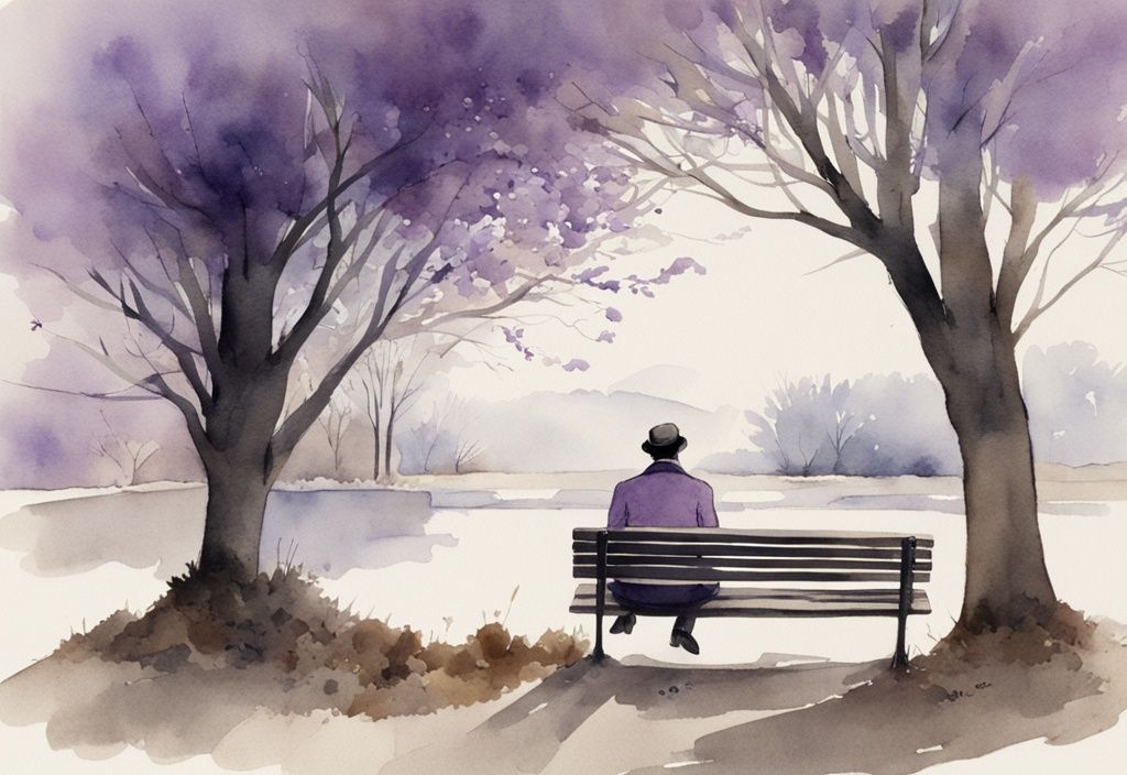 Vintage watercolor illustration of a lone figure on a park bench under a leafless tree with overcast skies, main color theme lavender.