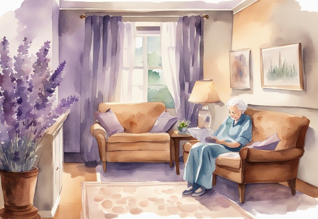 Vintage watercolor of a comforting living room with a professional caregiver providing compassionate care to a senior patient, symbolizing hospicio en casa.