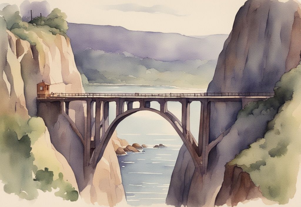 Vintage watercolor illustration of a lavender-themed bridge connecting two cliffs, symbolizing trust and connection