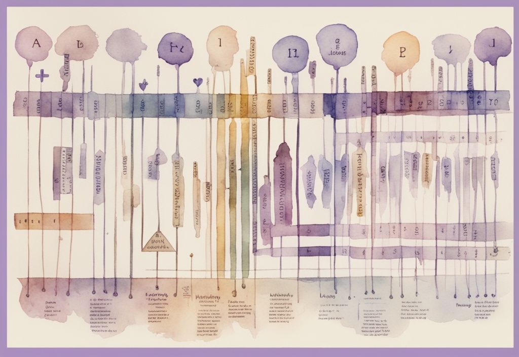 Vintage watercolor illustration of Huntington's Disease timeline with lavender theme, highlighting symptoms and effects through distinct symbols.