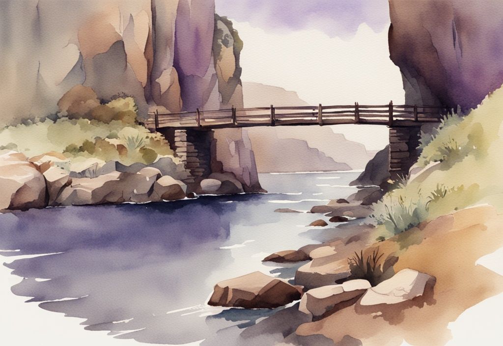 Vintage watercolor illustration of a sturdy wooden trustbridge connecting two cliffs over a deep chasm, with a lavender color theme, symbolizing trust and connection.