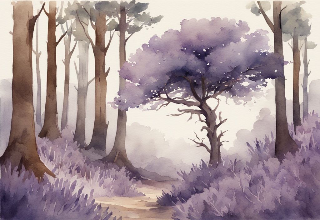 Vintage watercolor illustration of a lavender-themed forest with a single tree standing strong and a large fallen branch on the ground, symbolizing losing a parent.