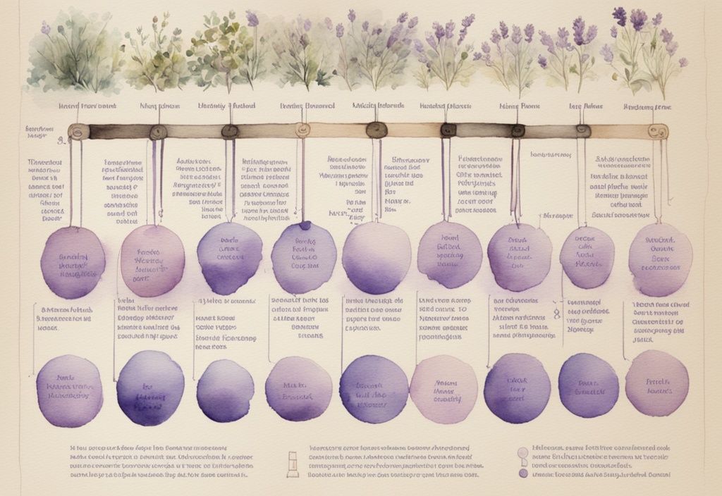 Vintage watercolor illustration depicting the stages of Huntington's Disease timeline with lavender color theme and descriptive text at each stage.