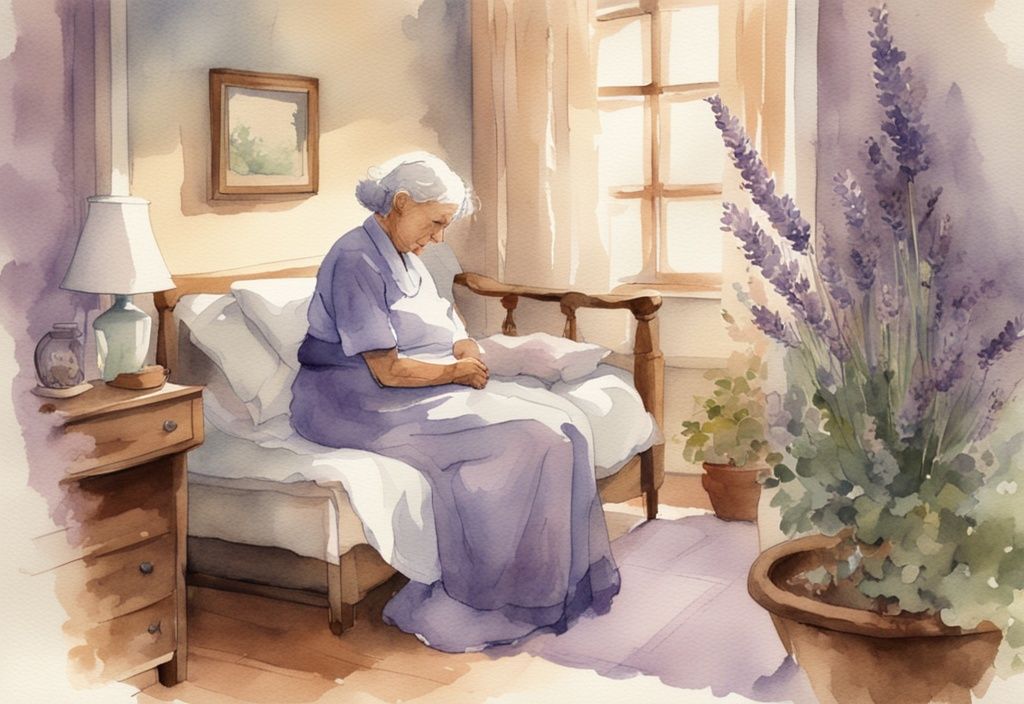 vintage watercolor illustration of hospice aide comforting elderly patient in peaceful homely setting, lavender color theme, warmth and tranquility