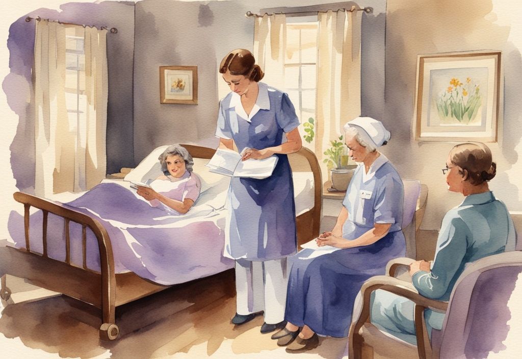 Vintage watercolor illustration of a compassionate nurse explaining paperwork to a family in a calm hospice environment, lavender color theme.