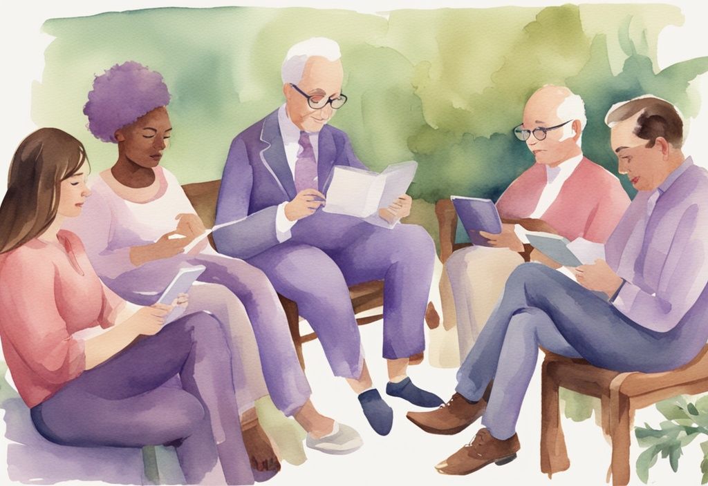 Vintage watercolor illustration of diverse people reading online reviews about Vitas Hospice on digital devices, main color theme lavender.