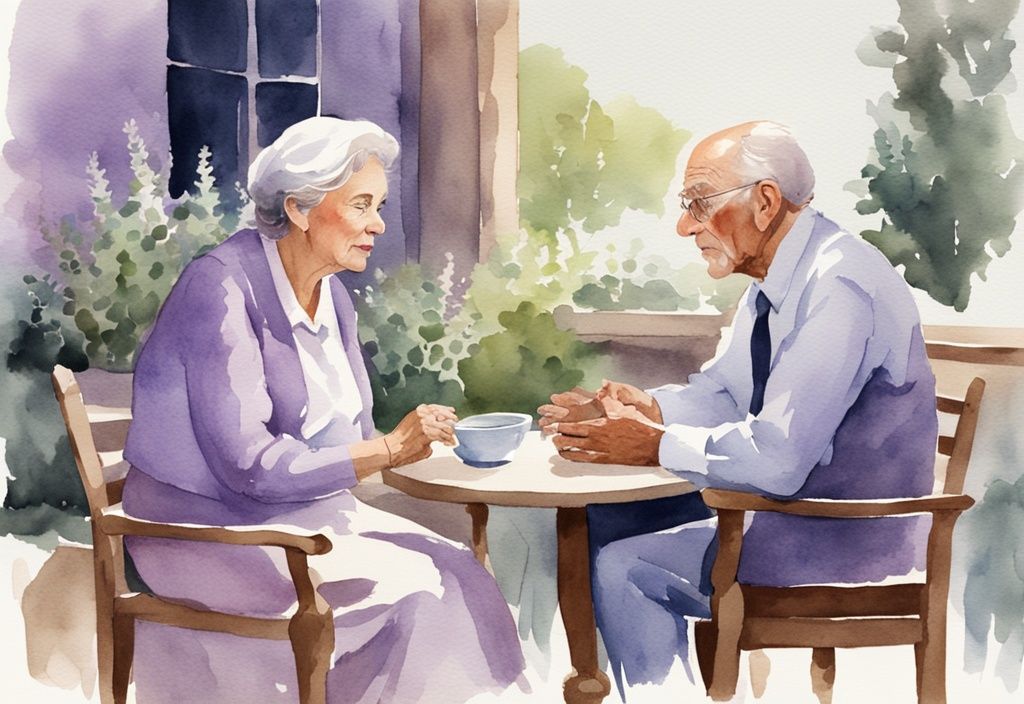 Vintage watercolor illustration of an elderly couple having a serious discussion with a compassionate healthcare professional in a peaceful lavender-themed setting