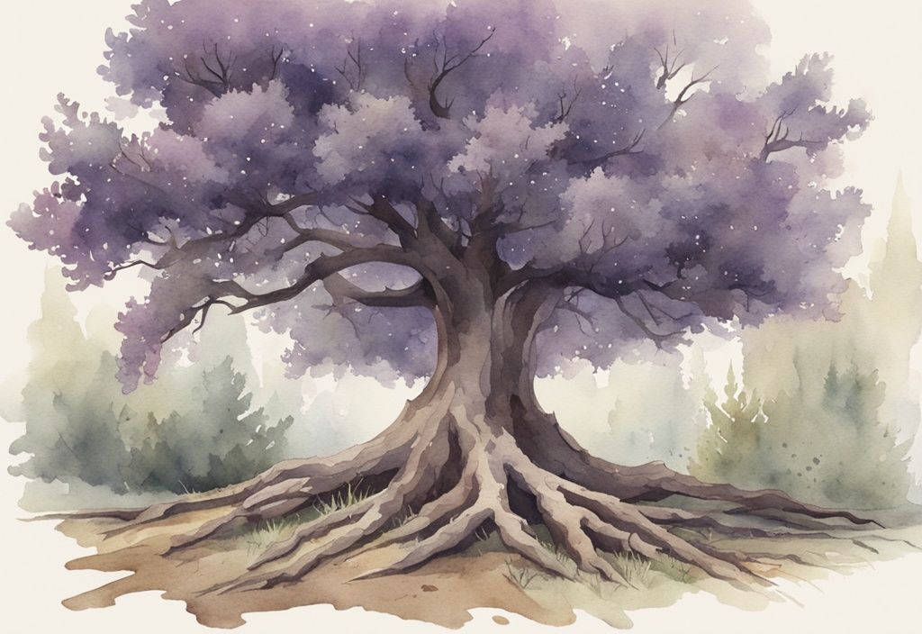 Vintage watercolor illustration of a lavender-themed forest with a single tree and a fallen branch, symbolizing losing a parent.