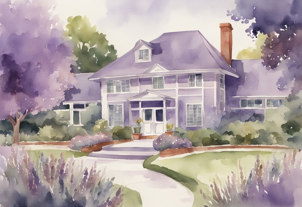 Vintage watercolor illustration of a serene hospice house in a lavender-themed garden with healthcare professionals comforting residents